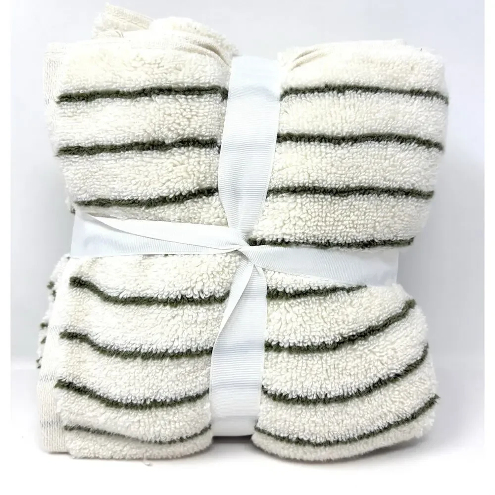 Brooks Brothers Green Cream Striped Cotton Hand Towels Set 2 Measures 16x28